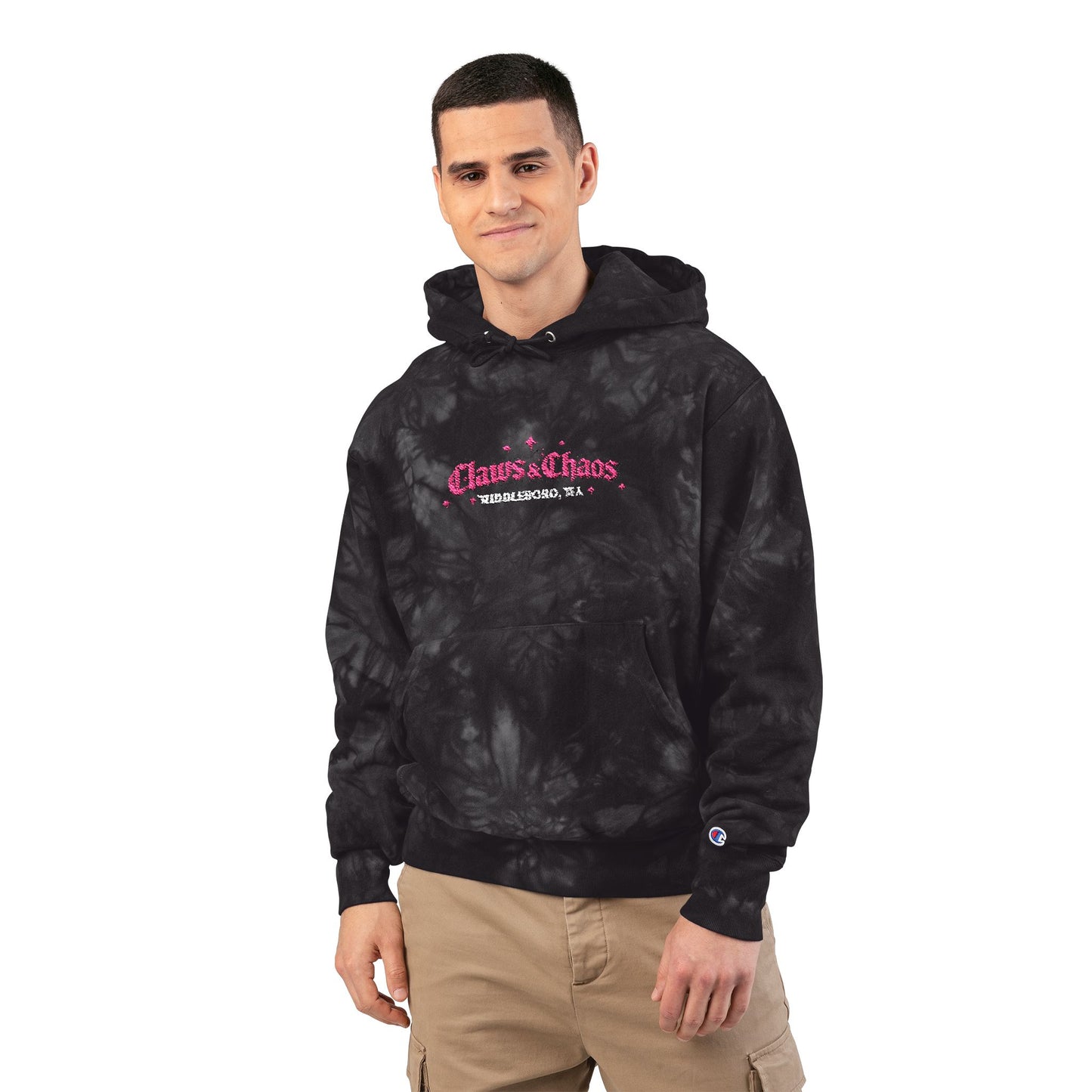 Tie-Dye Hoodie – Embroidered Black/Gray Champion Hoodie
